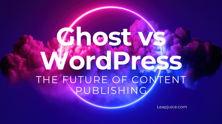 Magenta and blue clouds. Text says "Ghost vs WordPress." Underneath, it says, "The Future of Content Publishing"