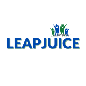 Leapjuice managed Ghost CMS hosting logo. Leapjuice is shown in blue text with a green shadow. Above the "I" there are 4 figures jumping with joy. Two of the figures are blue, and 2 of the figures are green, and it matches the colors of the Leapjuice logo.