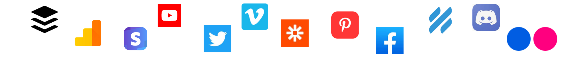 Icons showing various integrations: youtube, twitter, facebook, vimeo, google analytics, zapier, discord and more.
