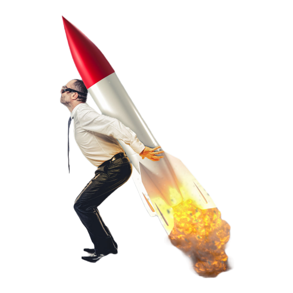 Man taking off with rocket strapped to back.
