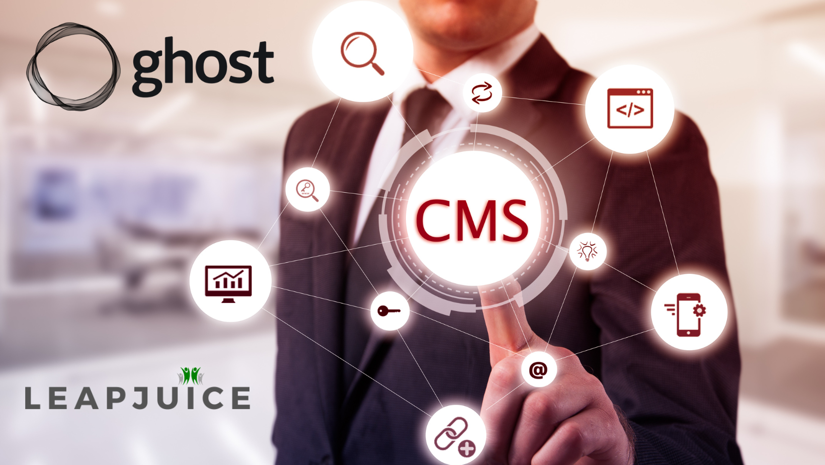 Network with man pushing on Ghost CMS. Leapjuice logo appears in corner to represent Managed Ghost CMS hosting.