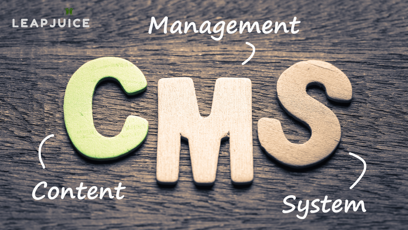 CMS with arrows to spell out "Content Management System." Leapjuice logo is present to represent Manage Hosting for Ghost and WordPress CMS.