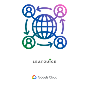 Icons with colored global network with humans connected. Represents Leapjuice network technology on Google Cloud, including premium internet backbone, CDN, load balancer, and more.