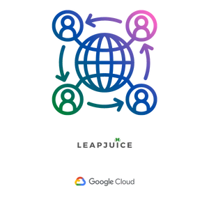 Icons with colored global network with humans connected. Represents Leapjuice network technology on Google Cloud, including premium internet backbone, CDN, load balancer, and more.