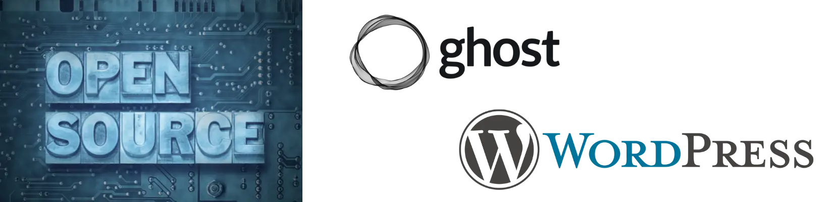 "Open Source" is written on chips on an electrical board. Banner includes both Ghost CMS logo and WordPress Logo. Leapjuice provides optimized Managed Ghost and Managed WordPress Hosting.