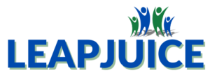 Leapjuice managed Ghost CMS hosting logo. Leapjuice is shown in blue text with a green shadow. Above the "I" there are 4 figures jumping with joy. Two of the figures are blue, and 2 of the figures are green, and it matches the colors of the Leapjuice logo.