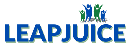 Leapjuice managed Ghost CMS hosting logo. Leapjuice is shown in blue text with a green shadow. Above the "I" there are 4 figures jumping with joy. Two of the figures are blue, and 2 of the figures are green, and it matches the colors of the Leapjuice logo.