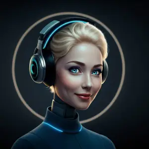 AI generated image of Bella, the new Leapjuice Chatbot that will assist with our Managed Ghost CMS Hosting Platform. She is smiling and set against a black background that contains a gold circle. She is wearing "over-the-ear" headphones and a blue turtleneck.