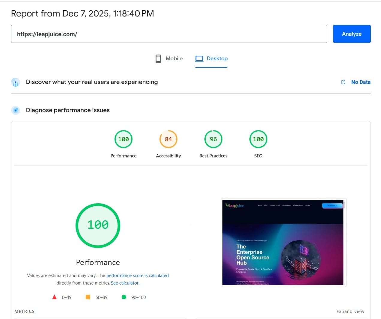Leapjuice Desktop Speed Test Result 100/100 on Google Cloud C4D