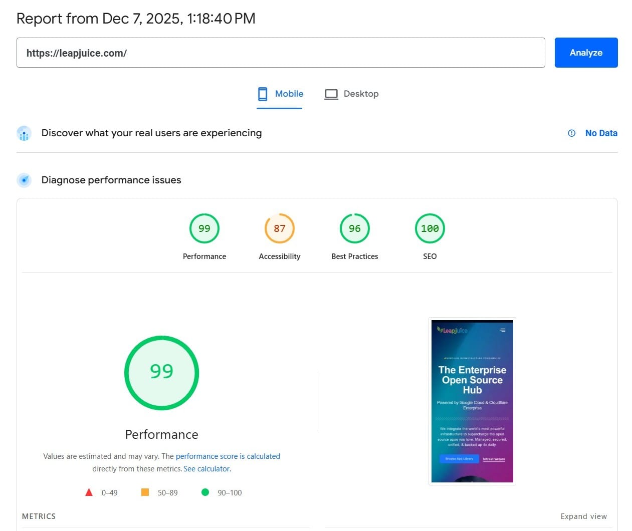 Leapjuice Mobile Speed Test Result 99/100 on Google Cloud C4D